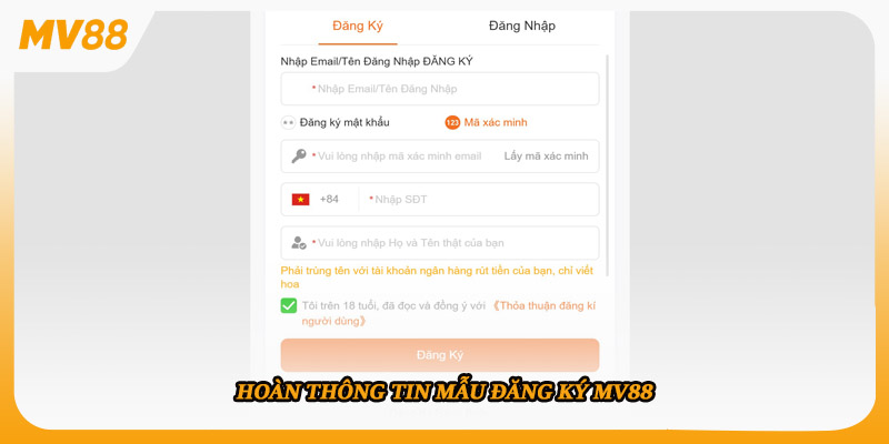 Hoàn thông tin mẫu đăng ký MV88